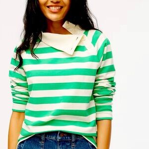 J. Crew Green and White Striped Sweatshirt High Neck Button Up Size Medium